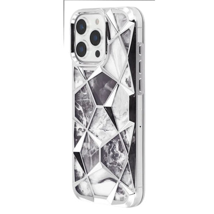For iPhone 16 Pro Max Case Electroplating Rhombus Design TPU Phone Cover with Marble Pattern Paper