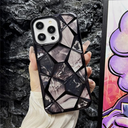 For iPhone 16 Pro Max Case Electroplating Rhombus Design TPU Phone Cover with Marble Pattern Paper - Black