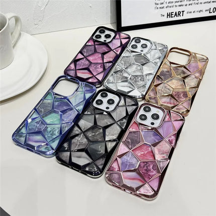 For iPhone 16 Pro Max Case Electroplating Rhombus Design TPU Phone Cover with Marble Pattern Paper