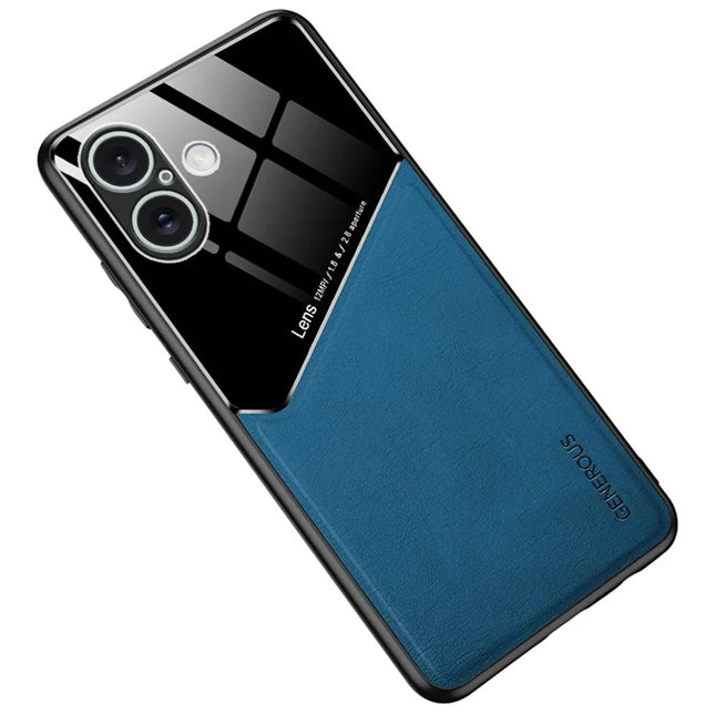 For iPhone 16 Plus Case Leather Coated PC+TPU Phone Back Cover - Blue