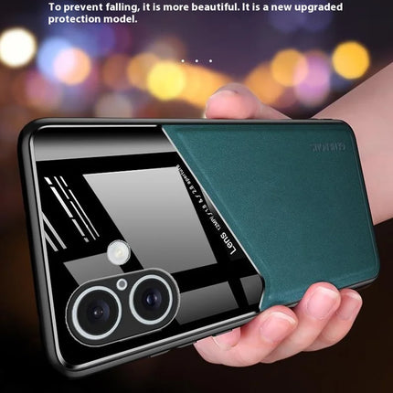 For iPhone 16 Plus Case Leather Coated PC+TPU Phone Back Cover