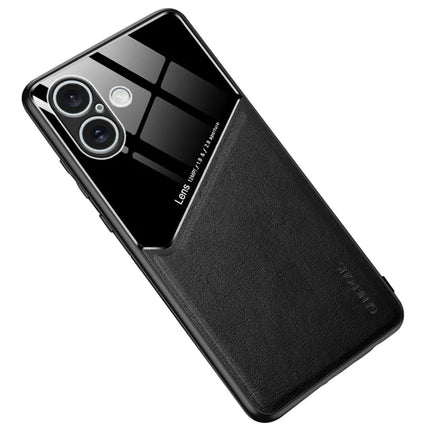 For iPhone 16 Plus Case Leather Coated PC+TPU Phone Back Cover - Black
