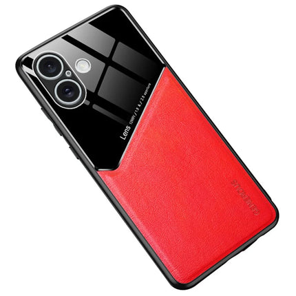 For iPhone 16 Plus Case Leather Coated PC+TPU Phone Back Cover - Red