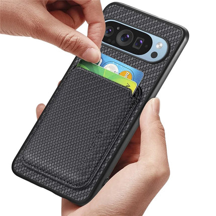For Google Pixel 9 Pro XL Case Carbon Fiber Leather Back Cover with Detachable Card Bag