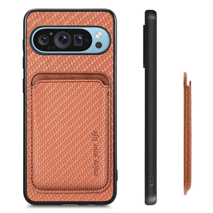 For Google Pixel 9 Pro XL Case Carbon Fiber Leather Back Cover with Detachable Card Bag