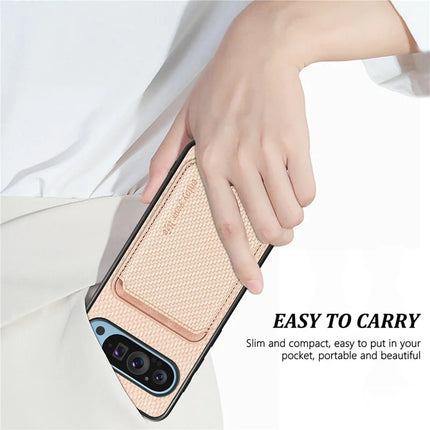 For Google Pixel 9 Pro XL Case Carbon Fiber Leather Back Cover with Detachable Card Bag