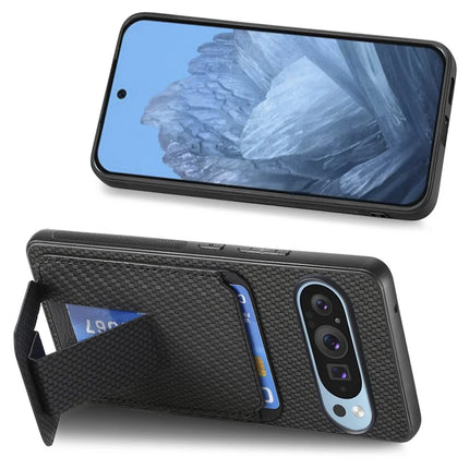 For Google Pixel 9 Pro XL Case Card Holder Carbon Fiber Texture Leather Coated TPU Phone Cover