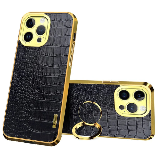 For iPhone 16 Pro Case Crocodile Texture Ring Kickstand TPU+Leather Electroplating Phone Cover - Black