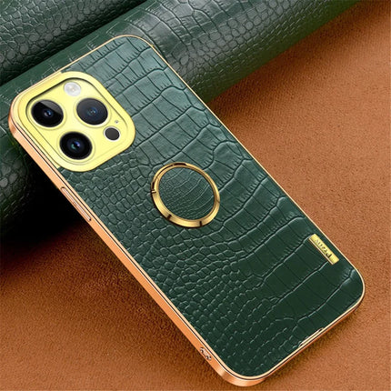 For iPhone 16 Pro Case Crocodile Texture Ring Kickstand TPU+Leather Electroplating Phone Cover