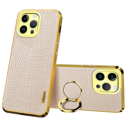 For iPhone 16 Pro Case Crocodile Texture Ring Kickstand TPU+Leather Electroplating Phone Cover - White