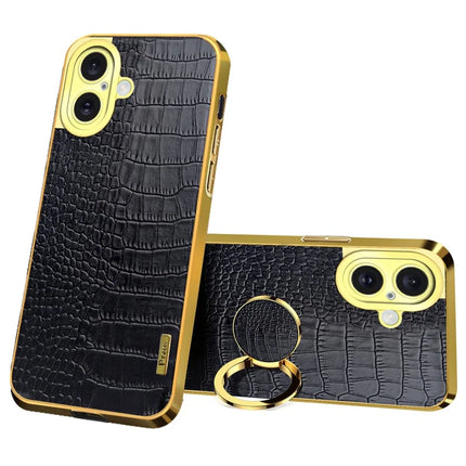 For iPhone 16 Plus Case Crocodile Texture Ring Kickstand TPU+Leather Electroplating Phone Cover - Black