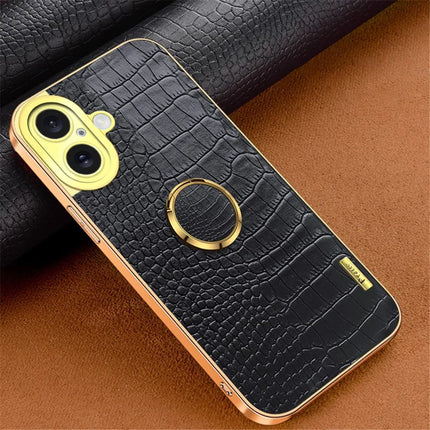 For iPhone 16 Plus Case Crocodile Texture Ring Kickstand TPU+Leather Electroplating Phone Cover