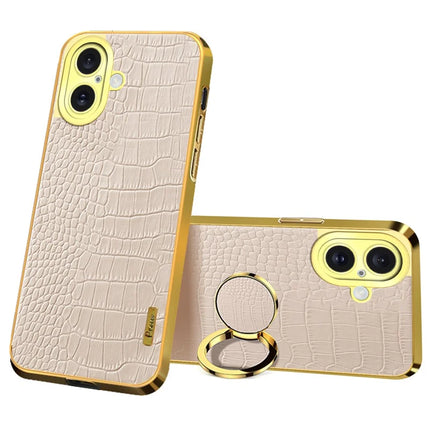 For iPhone 16 Plus Case Crocodile Texture Ring Kickstand TPU+Leather Electroplating Phone Cover - White