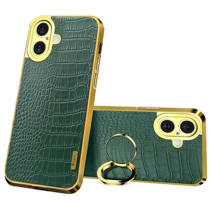 For iPhone 16 Plus Case Crocodile Texture Ring Kickstand TPU+Leather Electroplating Phone Cover - Green