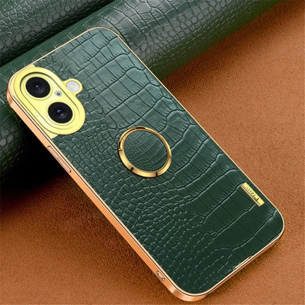 For iPhone 16 Plus Case Crocodile Texture Ring Kickstand TPU+Leather Electroplating Phone Cover
