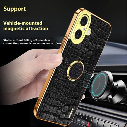 For iPhone 16 Plus Case Crocodile Texture Ring Kickstand TPU+Leather Electroplating Phone Cover