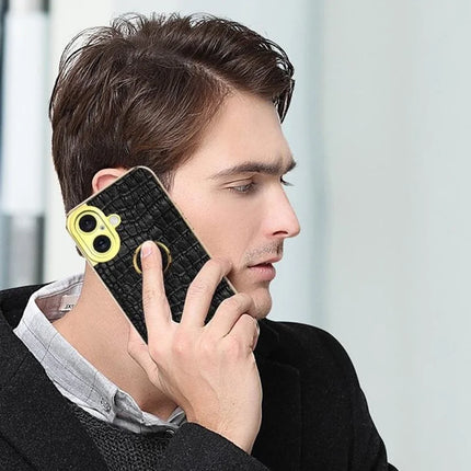 For iPhone 16 Plus Case Crocodile Texture Ring Kickstand TPU+Leather Electroplating Phone Cover