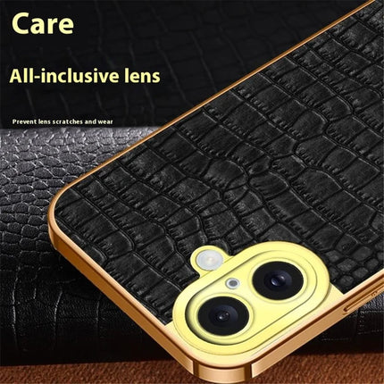 For iPhone 16 Plus Case Crocodile Texture Ring Kickstand TPU+Leather Electroplating Phone Cover