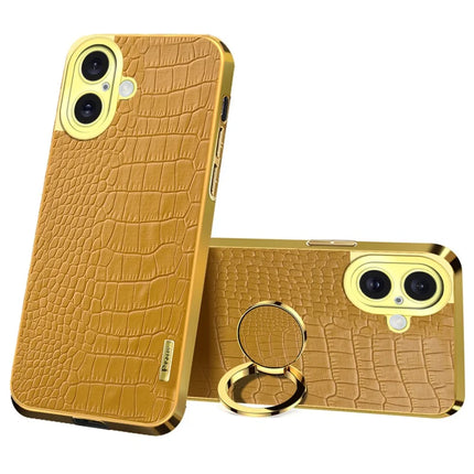 For iPhone 16 Plus Case Crocodile Texture Ring Kickstand TPU+Leather Electroplating Phone Cover - Yellow