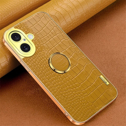 For iPhone 16 Plus Case Crocodile Texture Ring Kickstand TPU+Leather Electroplating Phone Cover