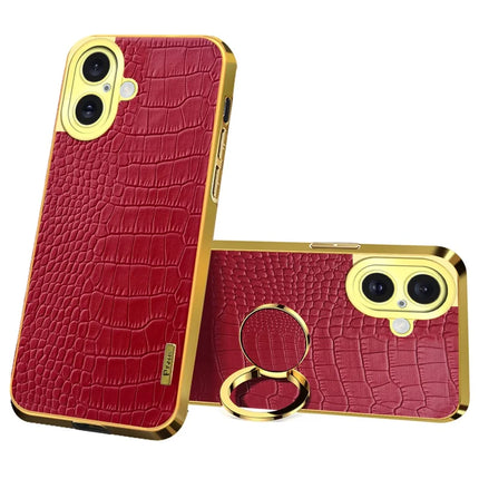 For iPhone 16 Plus Case Crocodile Texture Ring Kickstand TPU+Leather Electroplating Phone Cover - Red