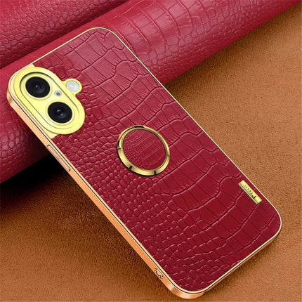 For iPhone 16 Plus Case Crocodile Texture Ring Kickstand TPU+Leather Electroplating Phone Cover