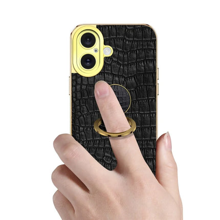 For iPhone 16 Plus Case Crocodile Texture Ring Kickstand TPU+Leather Electroplating Phone Cover