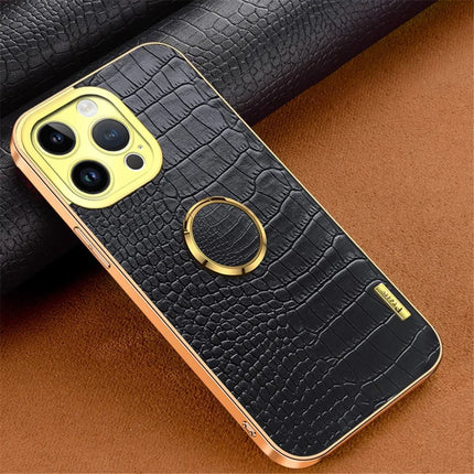 For iPhone 16 Pro Max Case Crocodile Texture Ring Kickstand TPU+Leather Electroplating Phone Cover
