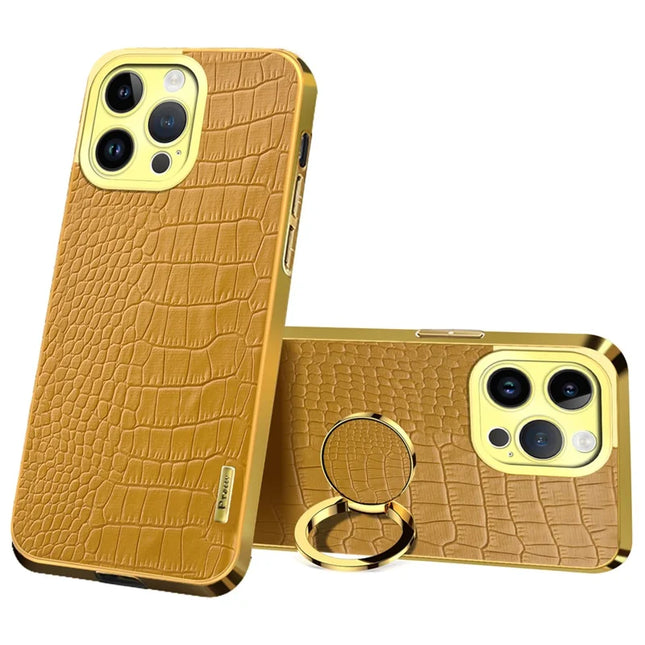 For iPhone 16 Pro Max Case Crocodile Texture Ring Kickstand TPU+Leather Electroplating Phone Cover - Yellow