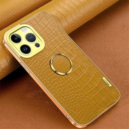 For iPhone 16 Pro Max Case Crocodile Texture Ring Kickstand TPU+Leather Electroplating Phone Cover