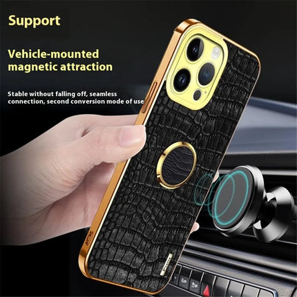 For iPhone 16 Pro Max Case Crocodile Texture Ring Kickstand TPU+Leather Electroplating Phone Cover