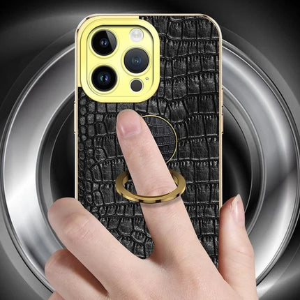 For iPhone 16 Pro Max Case Crocodile Texture Ring Kickstand TPU+Leather Electroplating Phone Cover