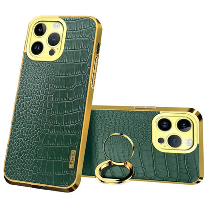 For iPhone 16 Pro Max Case Crocodile Texture Ring Kickstand TPU+Leather Electroplating Phone Cover - Green