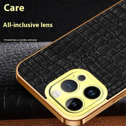 For iPhone 16 Pro Max Case Crocodile Texture Ring Kickstand TPU+Leather Electroplating Phone Cover