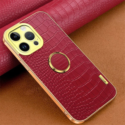For iPhone 16 Pro Max Case Crocodile Texture Ring Kickstand TPU+Leather Electroplating Phone Cover