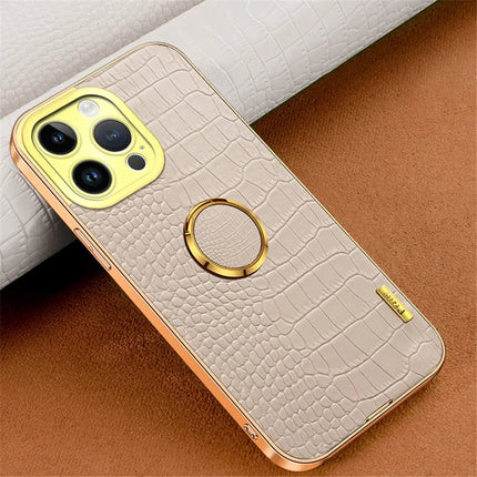 For iPhone 16 Pro Max Case Crocodile Texture Ring Kickstand TPU+Leather Electroplating Phone Cover