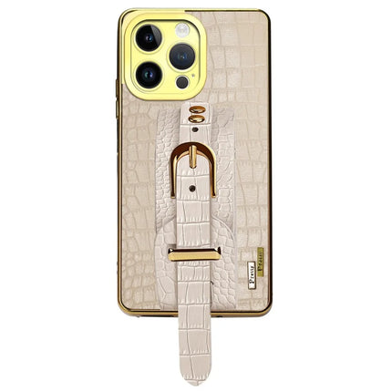 For iPhone 16 Pro Case Wristband Kickstand Crocodile Texture Leather+TPU Electroplating Phone Cover - White