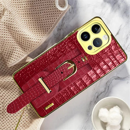 For iPhone 16 Pro Case Wristband Kickstand Crocodile Texture Leather+TPU Electroplating Phone Cover