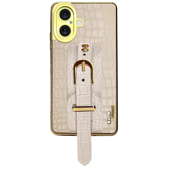For iPhone 16 Plus Case Wristband Kickstand Crocodile Texture Leather+TPU Electroplating Phone Cover - White