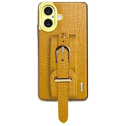 For iPhone 16 Plus Case Wristband Kickstand Crocodile Texture Leather+TPU Electroplating Phone Cover - Yellow