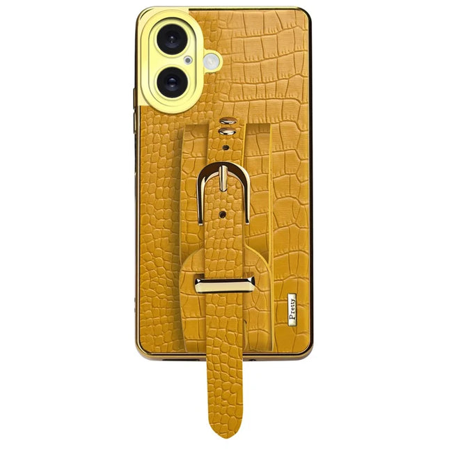 For iPhone 16 Plus Case Wristband Kickstand Crocodile Texture Leather+TPU Electroplating Phone Cover - Yellow