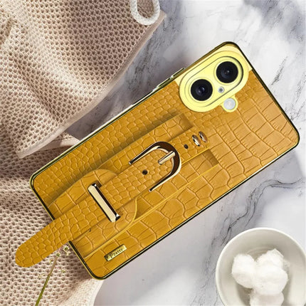 For iPhone 16 Plus Case Wristband Kickstand Crocodile Texture Leather+TPU Electroplating Phone Cover