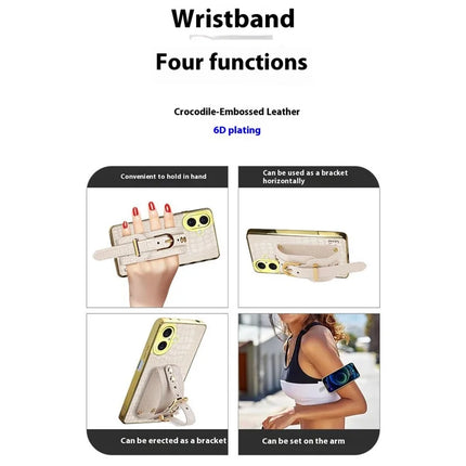 For iPhone 16 Plus Case Wristband Kickstand Crocodile Texture Leather+TPU Electroplating Phone Cover