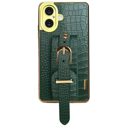 For iPhone 16 Plus Case Wristband Kickstand Crocodile Texture Leather+TPU Electroplating Phone Cover - Green