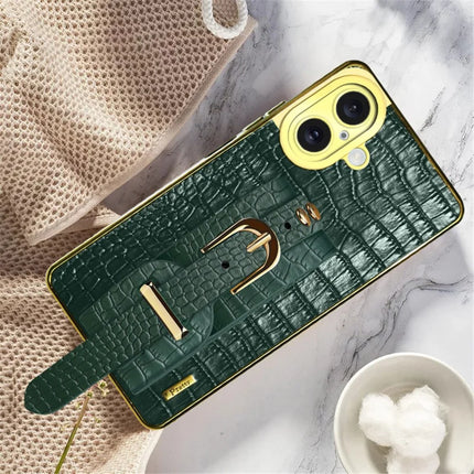 For iPhone 16 Plus Case Wristband Kickstand Crocodile Texture Leather+TPU Electroplating Phone Cover