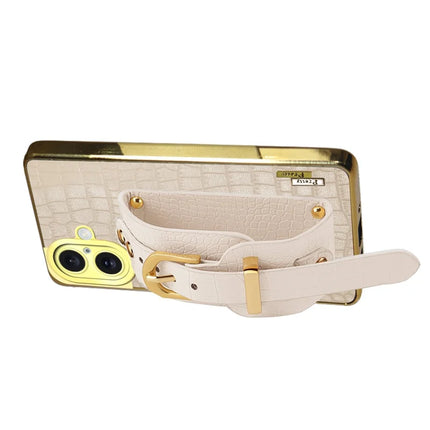 For iPhone 16 Plus Case Wristband Kickstand Crocodile Texture Leather+TPU Electroplating Phone Cover