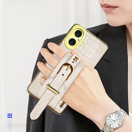 For iPhone 16 Plus Case Wristband Kickstand Crocodile Texture Leather+TPU Electroplating Phone Cover