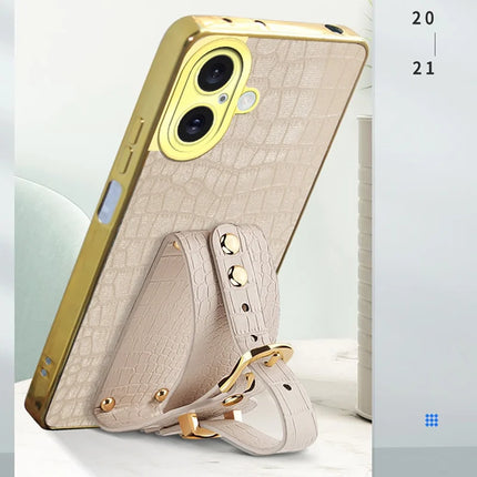 For iPhone 16 Plus Case Wristband Kickstand Crocodile Texture Leather+TPU Electroplating Phone Cover