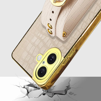 For iPhone 16 Plus Case Wristband Kickstand Crocodile Texture Leather+TPU Electroplating Phone Cover