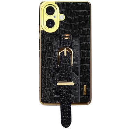 For iPhone 16 Plus Case Wristband Kickstand Crocodile Texture Leather+TPU Electroplating Phone Cover - Black